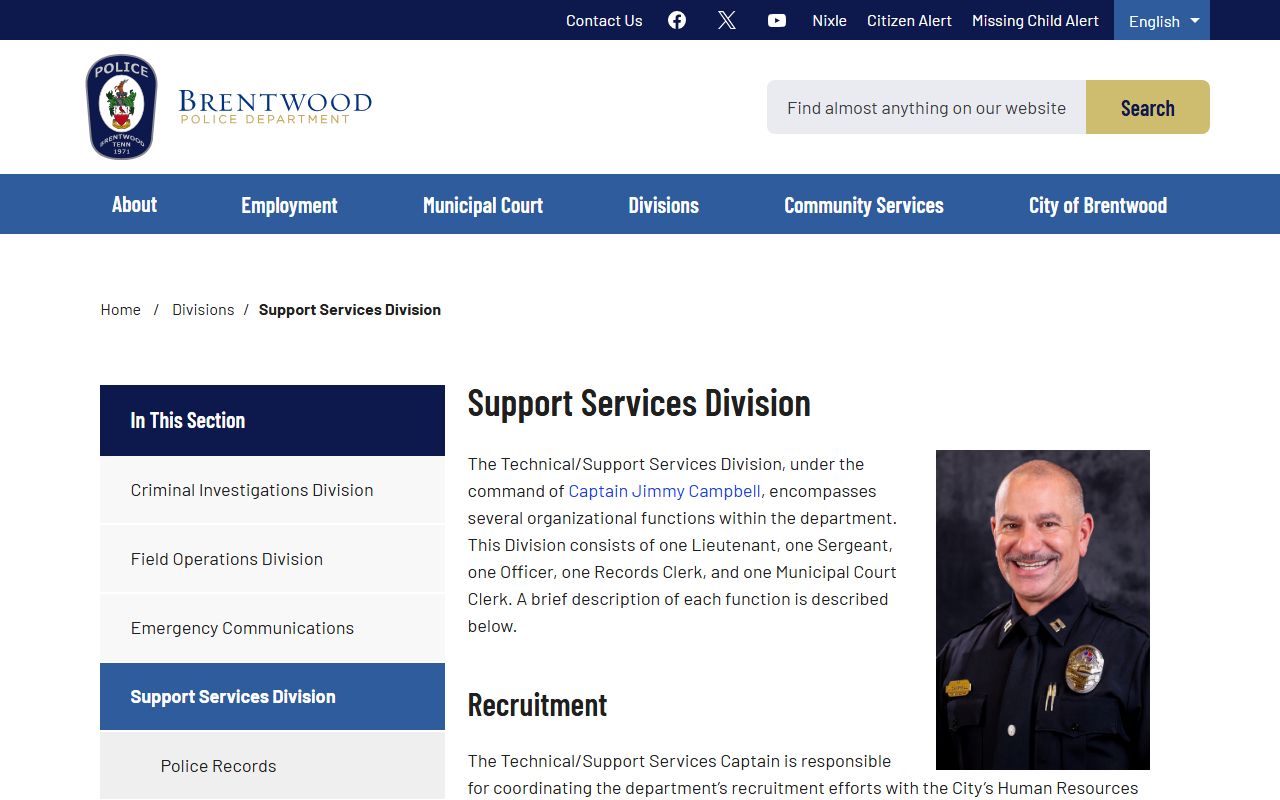 Brentwood Police Records records page for report copies and city request steps
