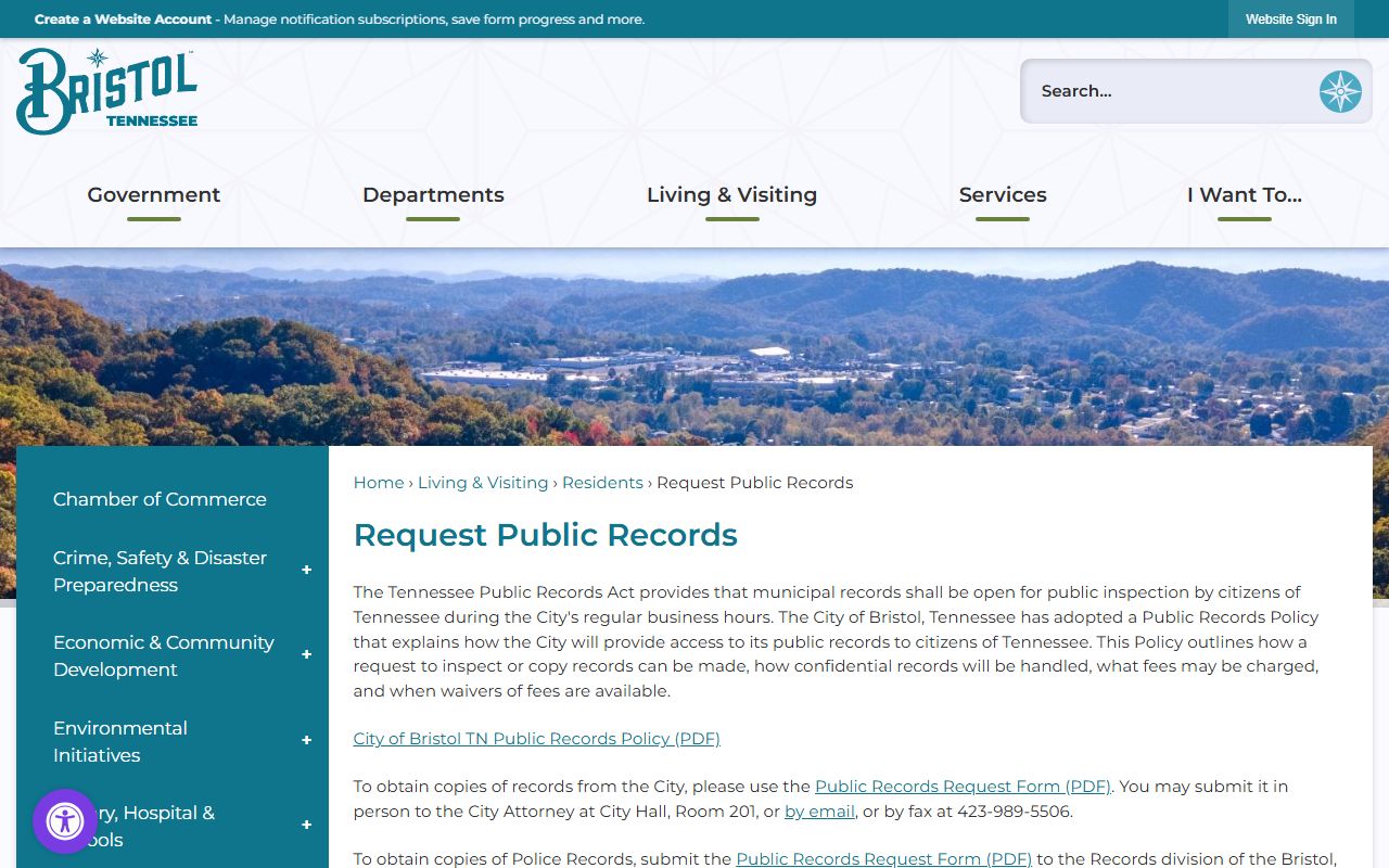 Bristol Police Records public records request page for city access