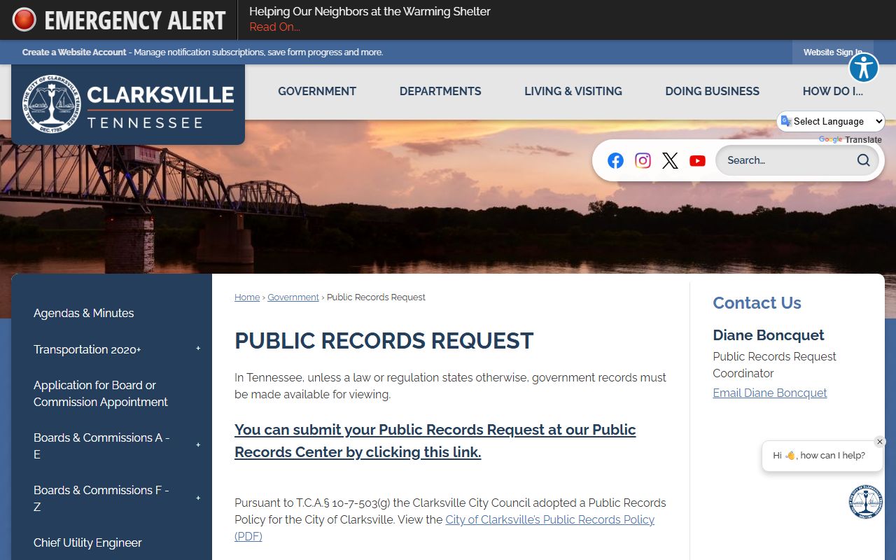 Clarksville Police Records public records policy page