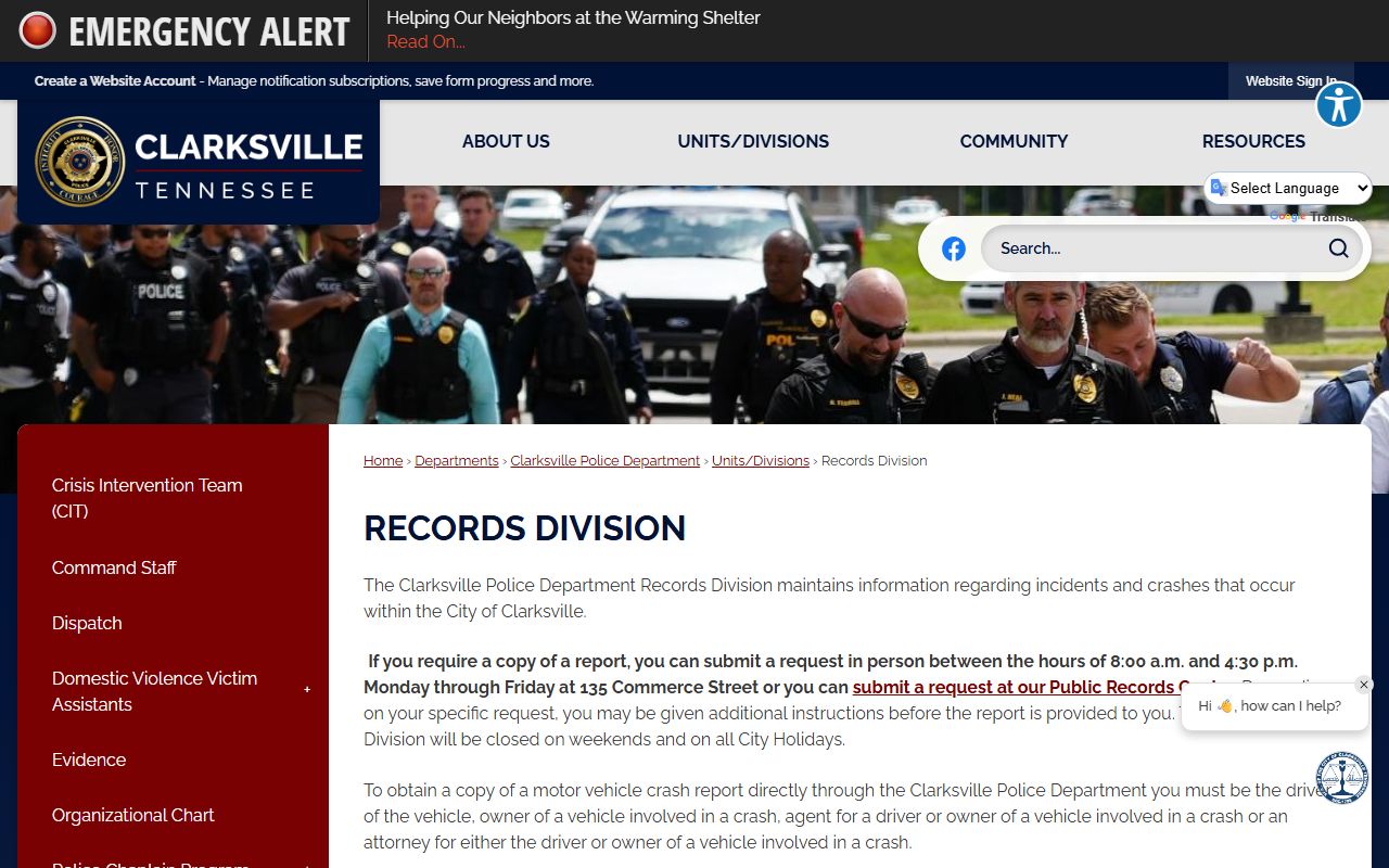 Clarksville Police Records records division page