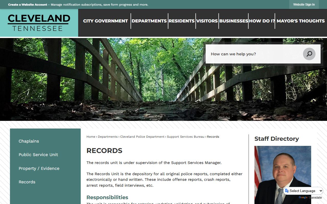 Cleveland Police Records page for the Cleveland Police Department