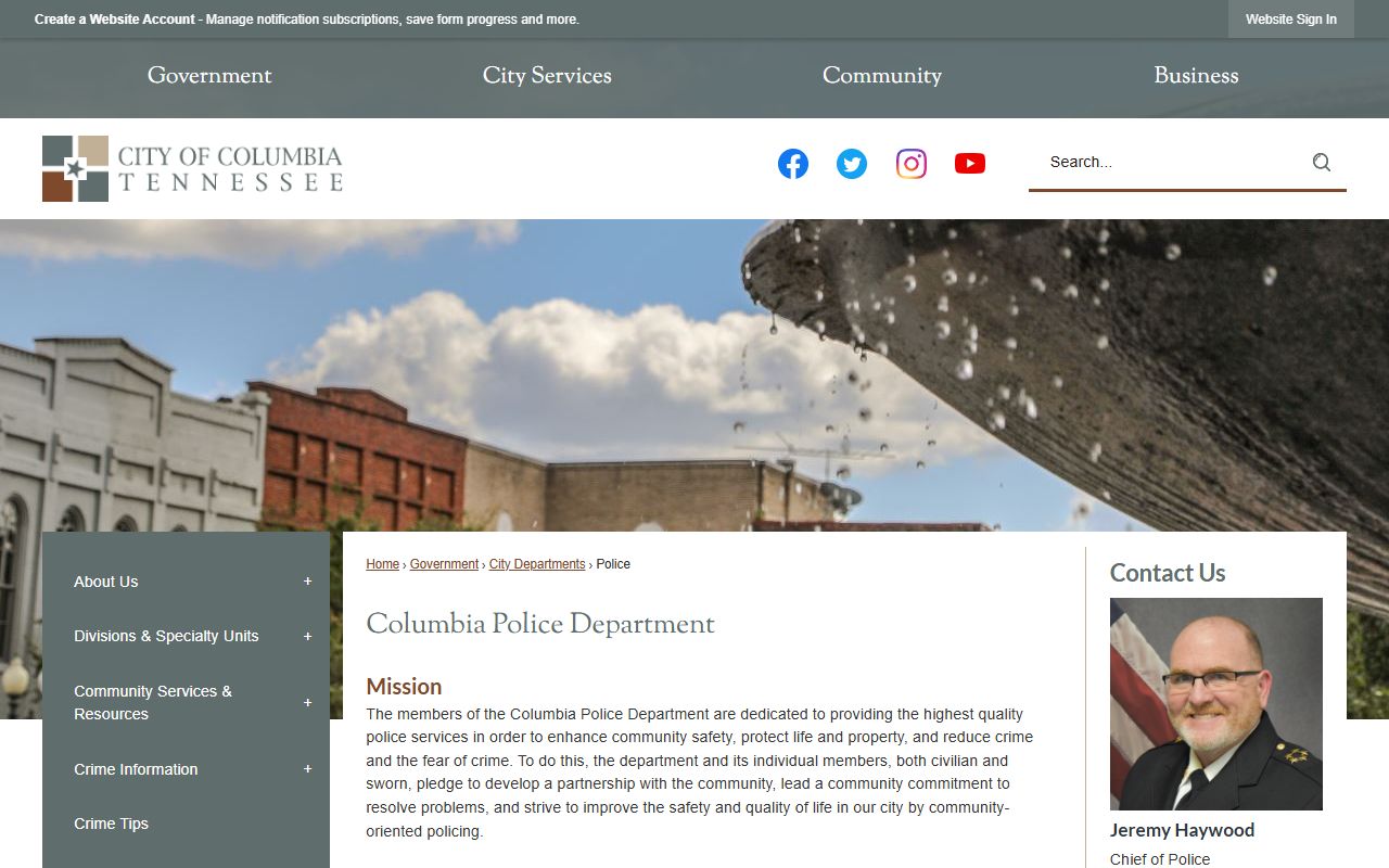 Columbia Police Records page for the Columbia Police Department