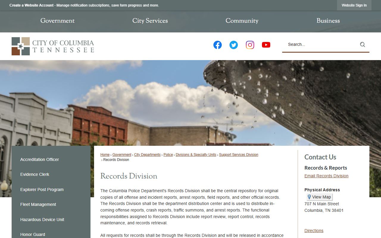 Columbia Police Records records division page for request and retrieval steps