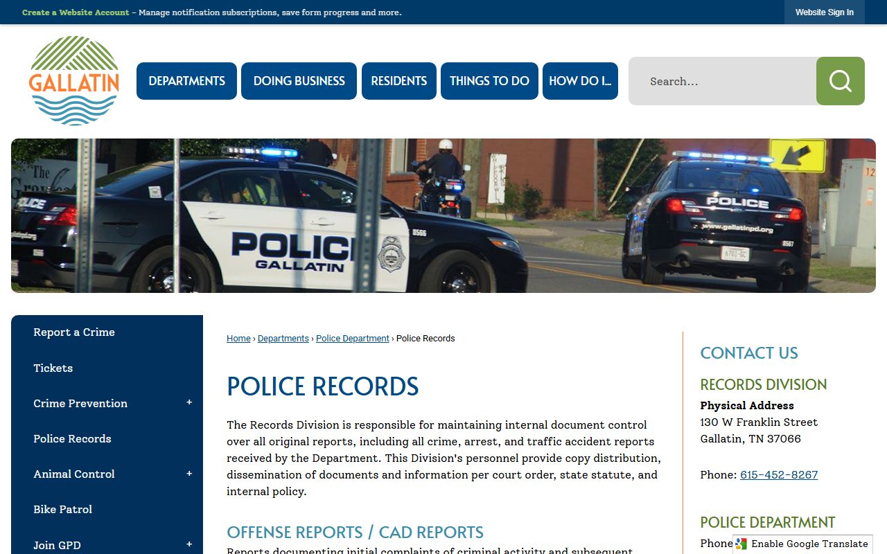 Gallatin Police Records city police department page for records access