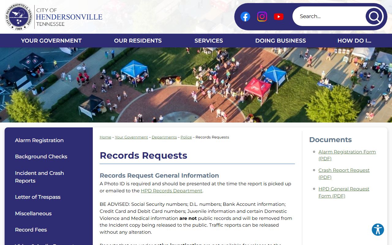 Hendersonville Police Records request page for city records forms and response steps