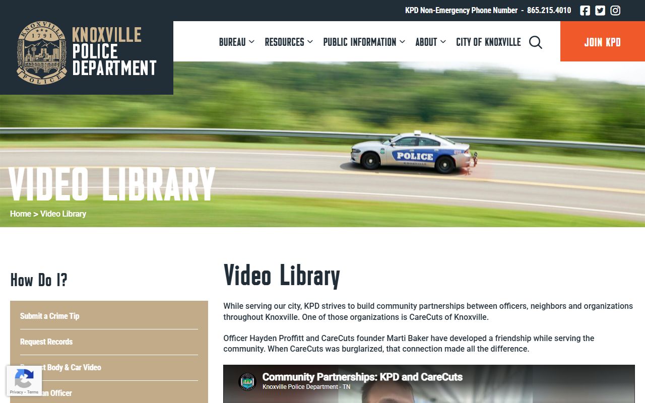 Knoxville Police Records video library page from the Knoxville Police Department
