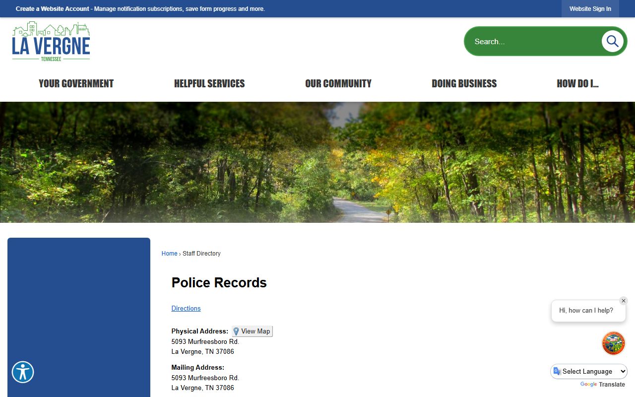La Vergne Police Records page for the La Vergne Police Department