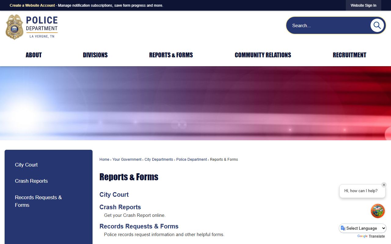 La Vergne Police Records reports and forms page for city request steps