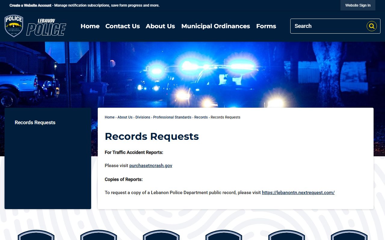Lebanon Police Records request page for city report and copy access