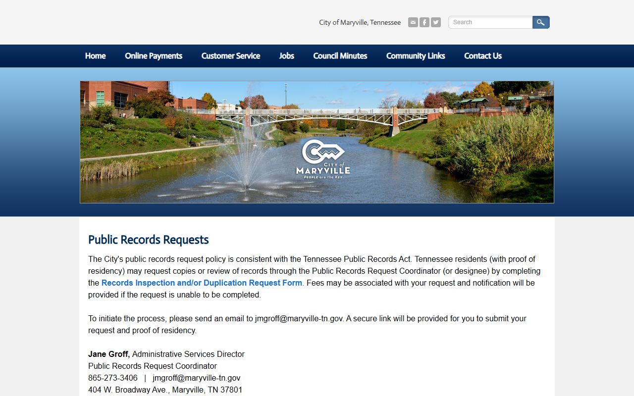 Maryville Police Records page for the Maryville Police Department