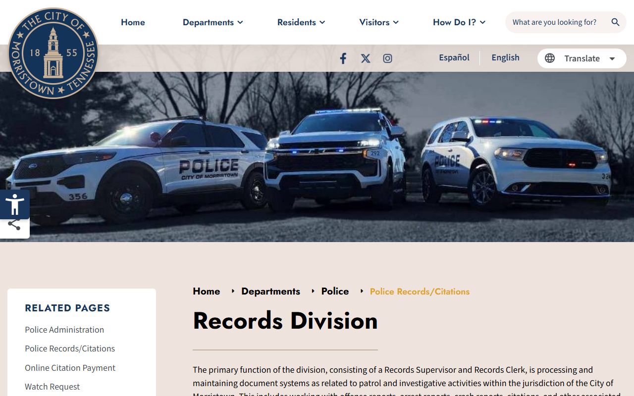 Morristown Police Records page for the Morristown Police Department