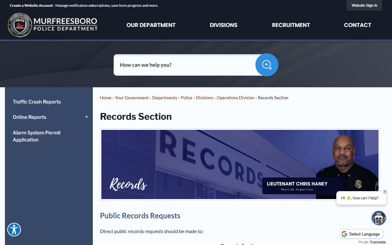 Murfreesboro Police Records page for the Murfreesboro Police Department