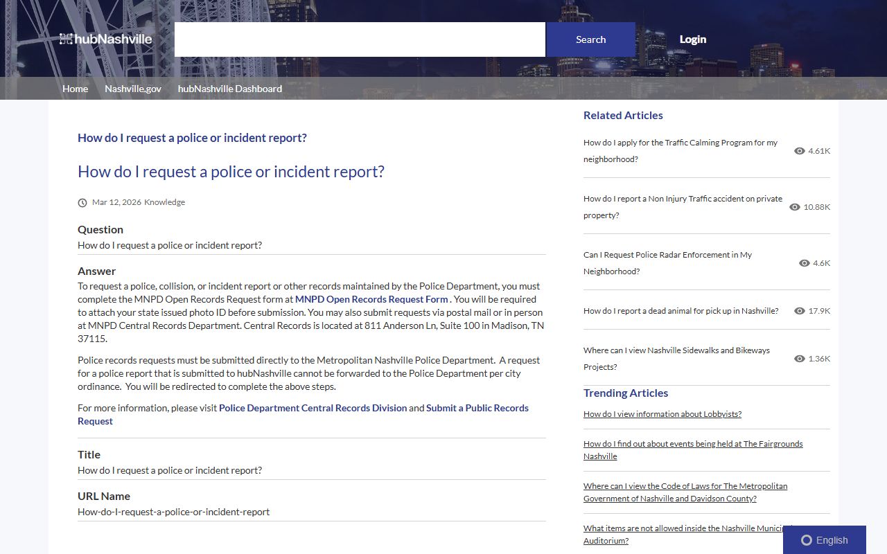 Nashville police records request guide for incident and police report access