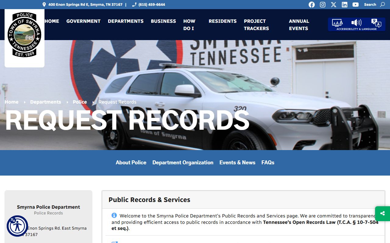 Smyrna Police Records request page for city records forms and access steps