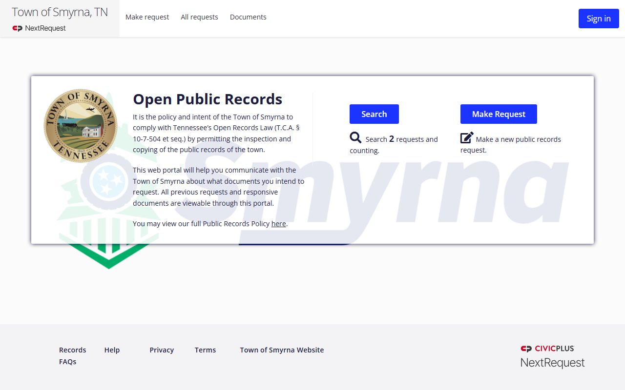 Smyrna Police Records page for the Smyrna Police Department