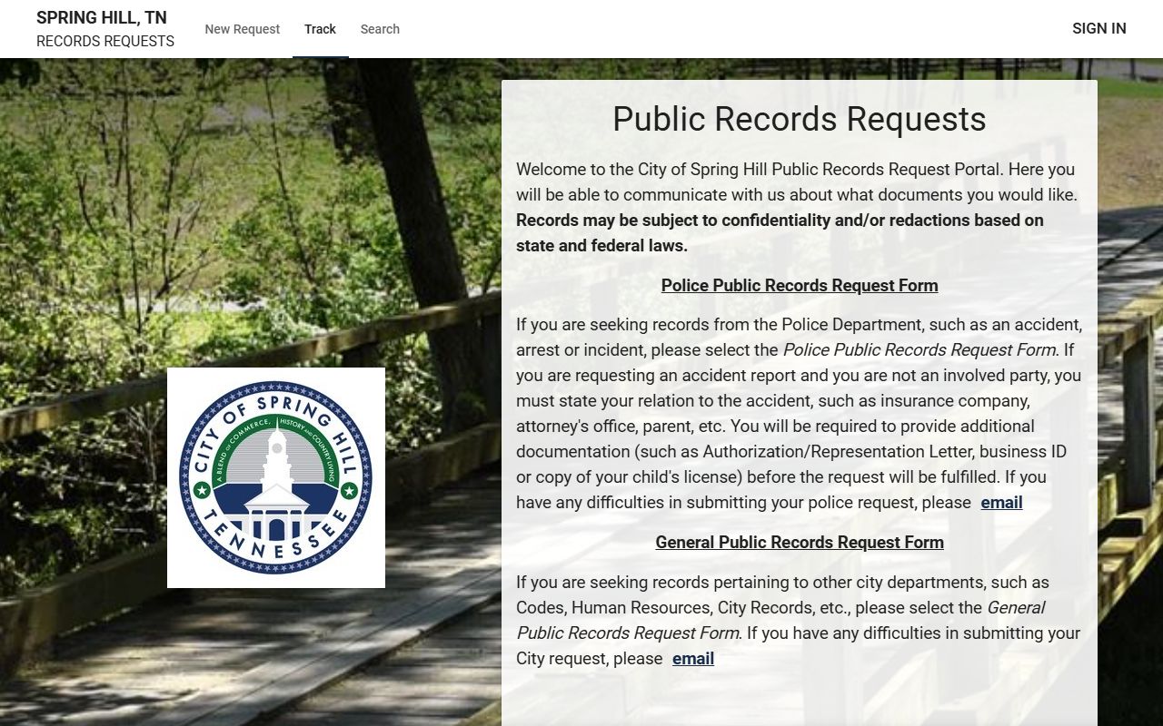 Spring Hill Police Records city police department page for records access