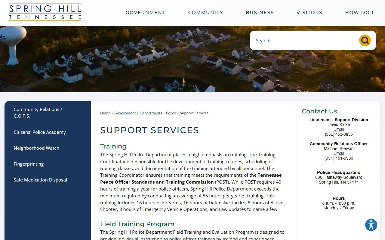 Spring Hill Police Records support services page for records and evidence guidance