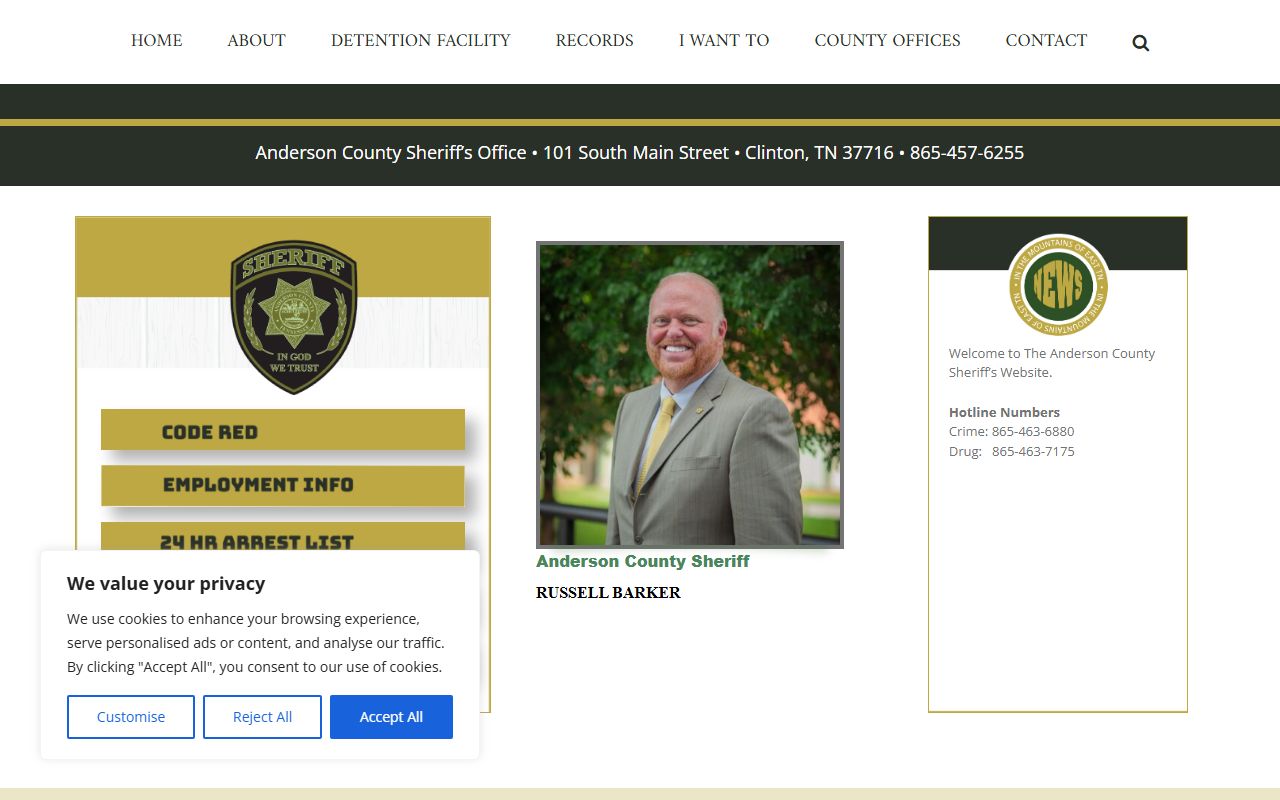 Anderson County Police Records sheriff website and booking information