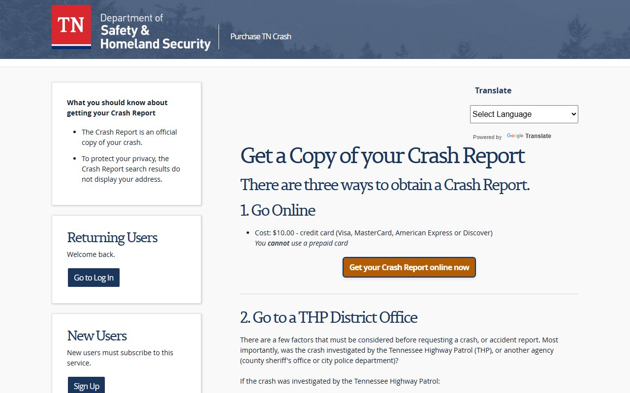 Tennessee Police Records crash report purchase portal