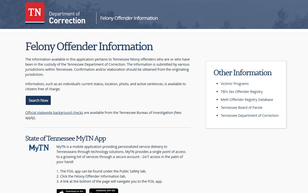 Tennessee Police Records felony offender information lookup portal