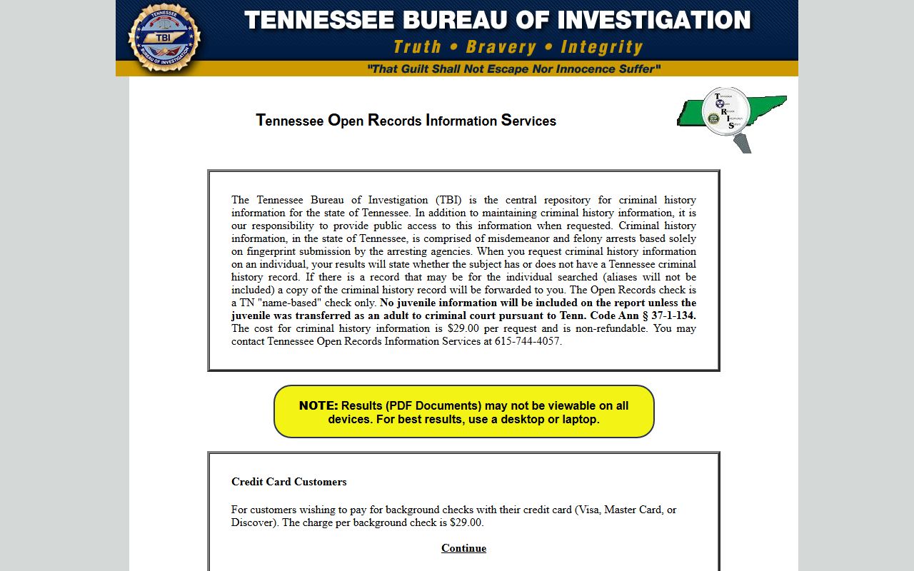 Tennessee Police Records TORIS statewide criminal history search portal